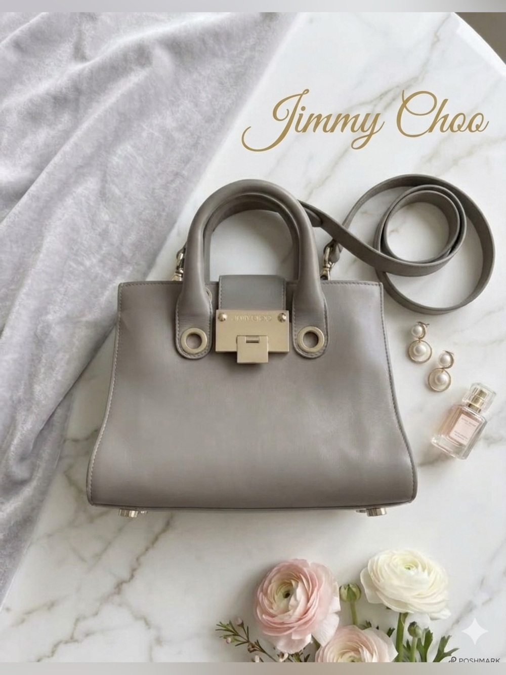 🌟 Authentic Jimmy Choo Riley S Small Calf Leather Crossbody Handbag Taupe Gray - Picture 1 of 14